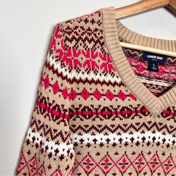 Lands End Womens Size Small Tan Pink Fairisle V Neck Cotton Sweater Holidays - Picture 3 of 11